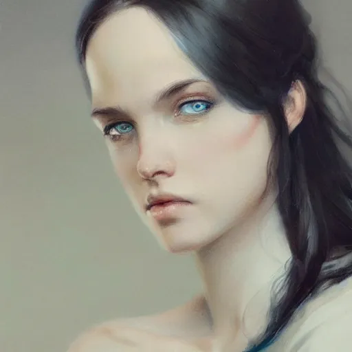 Prompt: portrait of a beautiful young woman with bright blue eyes, bunched dark hair, dressed in a white, detailed face, fantasy, highly detailed, cinematic lighting, digital art painting by greg rutkowski, trending on artstation, very very beautiful, very attractive