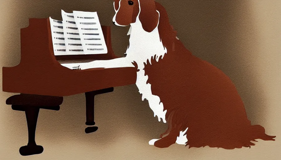 Image similar to brown and white sprocker , sat down playing a piano.modern. Martini on the side, detailed illustration. Artwork.