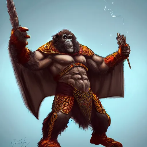 Image similar to fury art, an anthro ape wearing a large cape and a fantasy armor, colorful background, 3 d, 8 k, extremely detailed, trending on furaffinity, trending on artstation, award winning, sharp focus, illustration