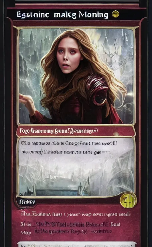 Image similar to mtg card trading, fantasy mtg card of elizabeth olsen, screenshot