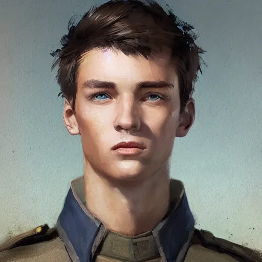 Prompt: Closeup painting of a young man with short brown hair and blue eyes, wearing a military outfit, by Greg Rutkowski