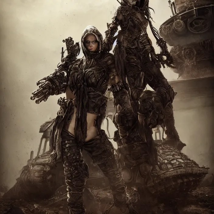 Image similar to beautiful apocalyptic woman in hooded cloak, standing on mad max panzer tank, hyper-detailed, smooth, sharp focus, 4k ultra hd, fantasy dark art, tank girl, artgerm, artstation, octane render, elegant, detailed digital painting, apocalyptic art, Francis bacon, gears of war, unreal engine