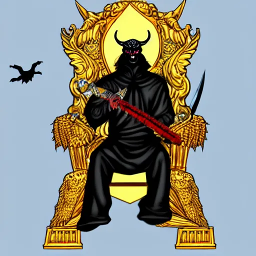 Prompt: demon sitting in his throne holding a golden sword with ravens flying around