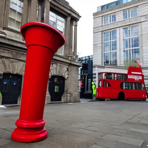 Image similar to a giant statue of a red plunger and a toilet in the center of london.