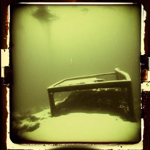 Prompt: a rusty bed at the bottom of the ocean, dark, murky water, underwater, old polaroid, expired film,