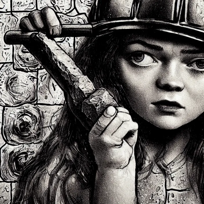 Image similar to extreme close - up on sadie sink as a miner : she lifts a chunk of bread with her hand. background : black!! tiles on walls. black and white, pencil and ink. by gabriel hardman, joe alves, chris bonura. cinematic atmosphere, detailed and intricate, perfect anatomy