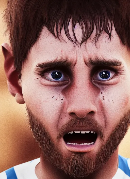 Image similar to portrait of cute crying Messi, photorealistic, 35mm, close-up, Octane render, trending on Artstation, 4k, 8k, highly detailed, digital art