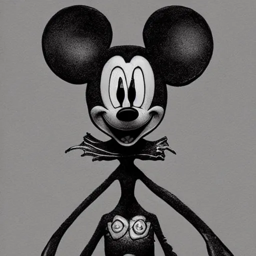 Prompt: michael karcz grunge drawing of mickey mouse. , in the style of corpse bride, loony toons style, horror themed, detailed, elegant, intricate, trending on artstation, 4k