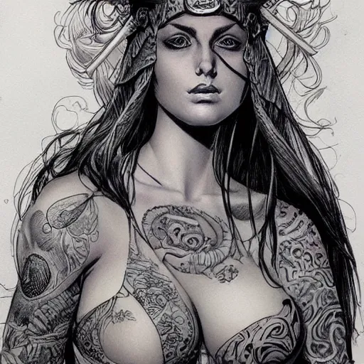 Image similar to a beautiful portrait of a heavily tattooed Roman woman Travis Charest style