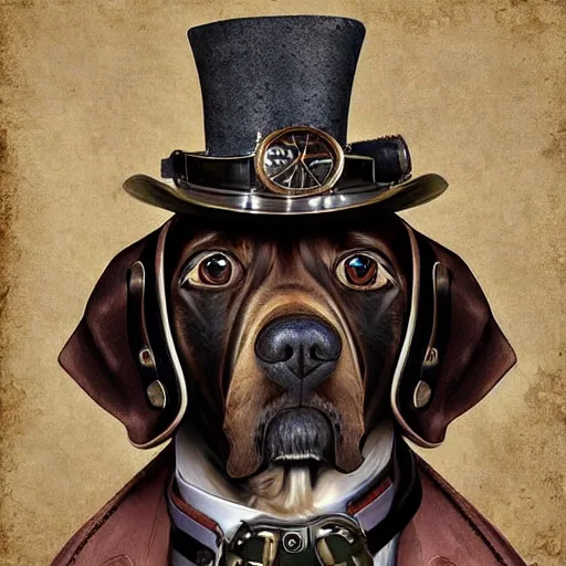 Image similar to a steampunk dog, digital art, hyperrealistic