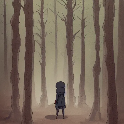 Image similar to a close shot of a ninja standing in a forest by studio ghibli, detailed, gloomy, digital art,