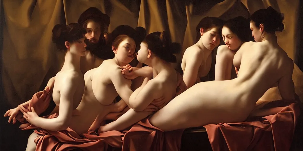 Image similar to beautiful oil matte portrait painting, multiple bodies intertwined, wonderful masterpiece highly detailed, beautiful cinematic light deep focus, elegant, digital painting, smooth, sharp focus, golden ratio, dramatic illumination, ultra realistic, 8 k, art by artemisia lomi gentileschi and caravaggio