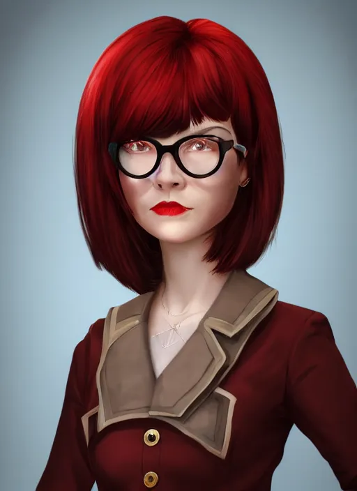 Prompt: hearts of iron 4 leader portrait of a girl with dark brown bob haircut, round reading glasses, red eyes, red suit, light red horns, democratic, trending on artstation, highly detailed, character portrait, ylva ljungqvist, custom portraits, paradox interactive