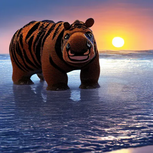 Image similar to a closeup photorealistic photograph of a cute smiling knitted tiger hippopotamus chasing a beachball at sunset. surf in the background. professional capture. this 4 k hd image is trending on artstation, featured on behance, well - rendered, extra crisp, features intricate detail, epic composition and the style of unreal engine.