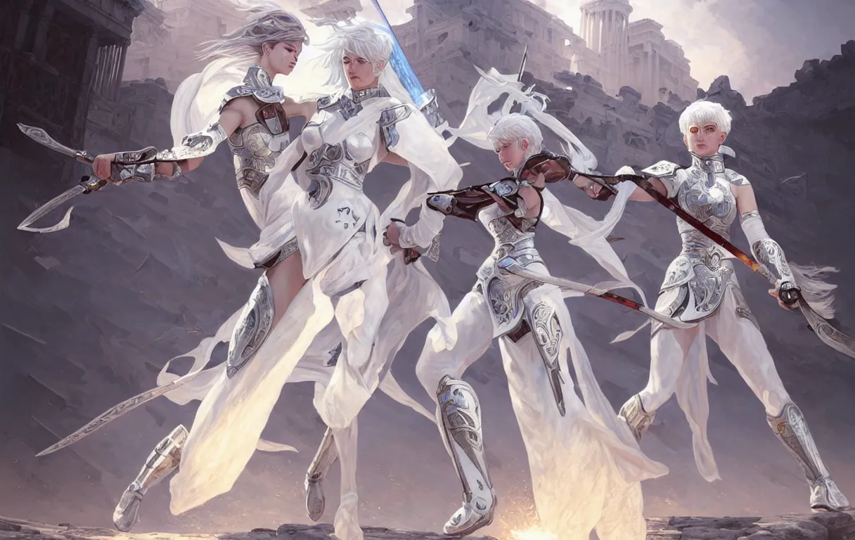 Prompt: dueling, kickboxing, battle stance, wielding sci - fi melee weapons in ruined agora of athens sunrise, white hair knights of zodiac girl matt white ice color armor, intricate and elegant, highly detailed, digital painting, artstation, concept art, illustration, art by tian zi and wlop and alphonse mucha