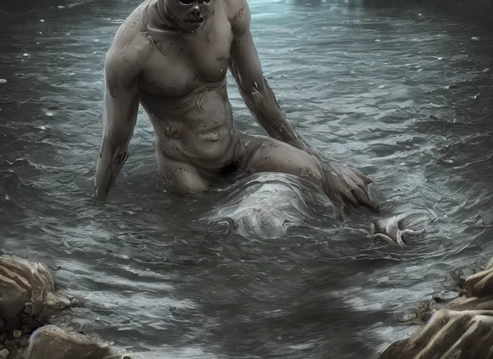 Image similar to a creepy drowned man crawling out of the water, white eyes, slimy, veiny skin, muscles, standing in shallow water, drowned, unsettling, creepy, artstation, cgsociety, illustration