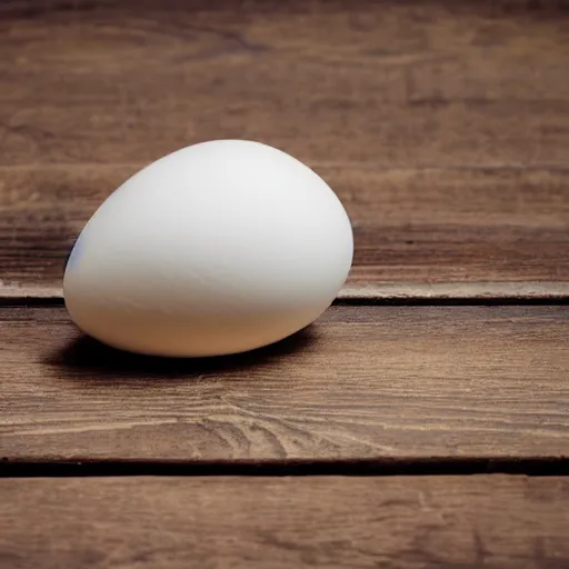Prompt: a photograph of a hard boiled egg, sitting on top a table, there is a table cloth with an ornate pattern. minimalistic, natural light, depth of field