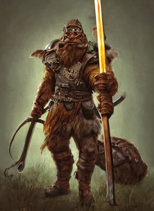 Image similar to strong young man, photorealistic bugbear ranger holding a flaming sword, black beard, dungeons and dragons, pathfinder, roleplaying game art, hunters gear, jeweled ornate leather and steel armour, concept art, character design on white background, by alan lee, norman rockwell, makoto shinkai, kim jung giu, poster art, colours red and green