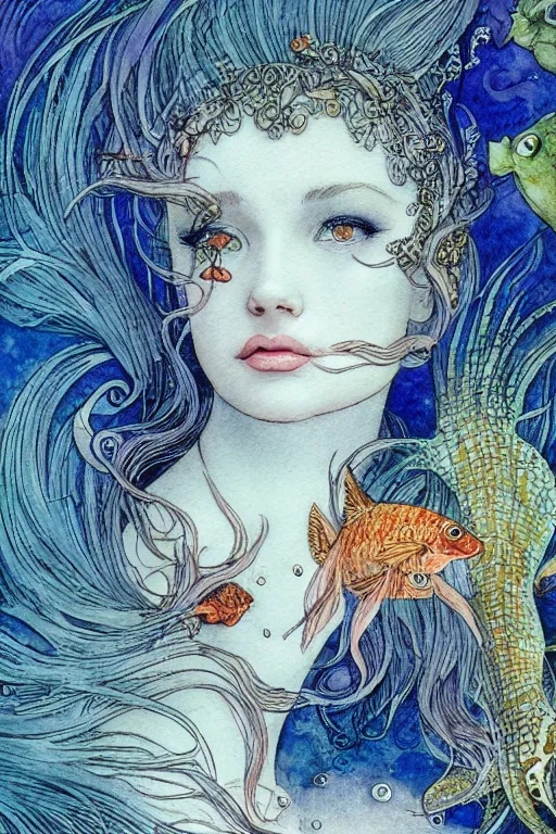 Image similar to mermaid face closeup surrounded by goldfish, art by luis royo and walter crane and kay nielsen, watercolor illustration, ultra sharp focus