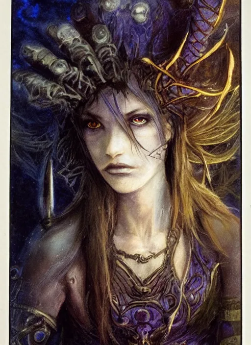 Prompt: portrait of young female sorceress of the endtimes, beautiful! coherent! dungeons and dragons character, by brian froud, strong line, cool night color, high contrast