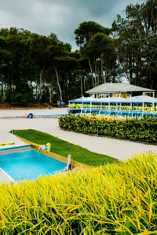 Prompt: two tellow beach beds and a life saver next to a pool, yellowish grass and green bushes enviorment with white flowers, grainy photograph, diagonal composition, cloudy day, long shot