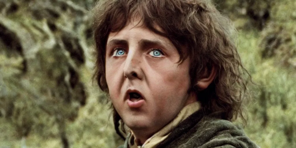 Image similar to A full color still of young Paul McCartney in Hobbit makeup and costume, in The Lord of the Rings directed by Stanley Kubrick,