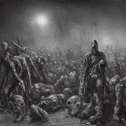 Image similar to zombies, nine steel barrels in a graveyard, creepy atmosphere, dark, realistic, illustration by gustave dore