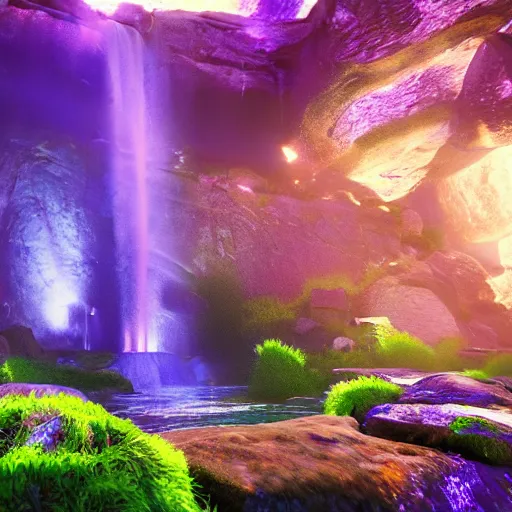 Image similar to the universe is a waterfall spilling onto the rocks of forgiveness in a million bright colors of swirling love, unreal engine, dramatic lighting, cinematic