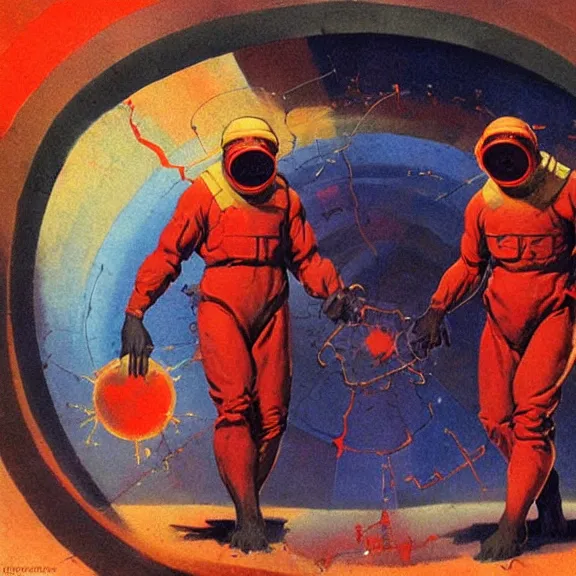 Prompt: two scientists in red hazmat suits entering the geometric rainbow crystal dimensional gateway by frank frazetta