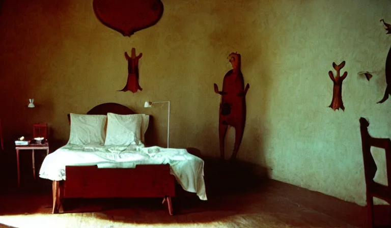 Image similar to A bedroom designed by Leonora Carrington, 35mm film, long shot