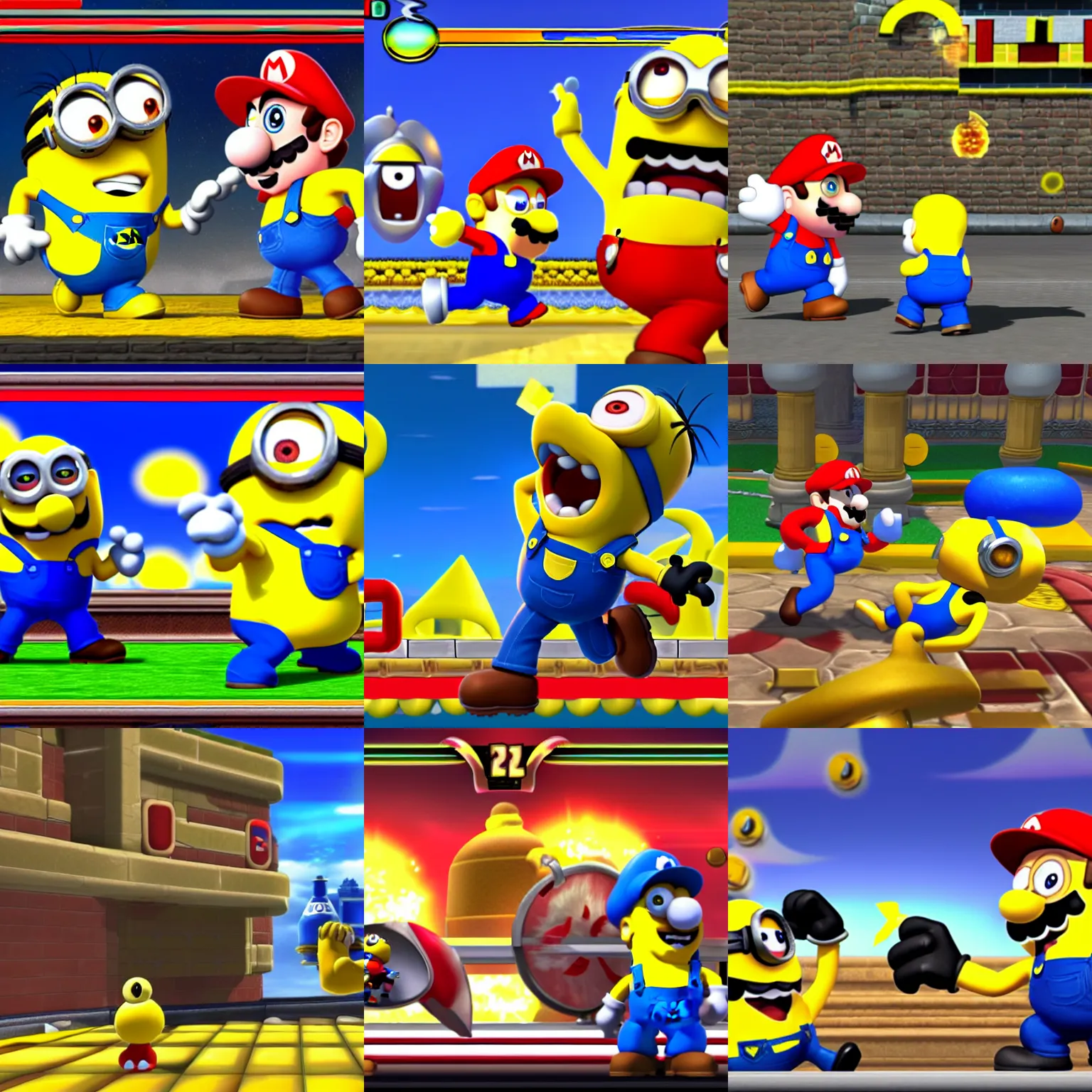 Prompt: a minion fighting mario in smash melee screenshot