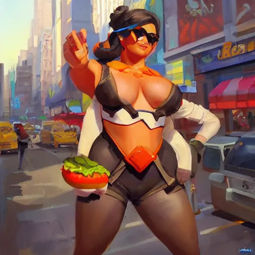 Image similar to greg manchess portrait painting of new york hotdog stand overwatch character, medium shot, asymmetrical, profile picture, organic painting, sunny day, matte painting, bold shapes, hard edges, street art, trending on artstation, by huang guangjian and gil elvgren and sachin teng