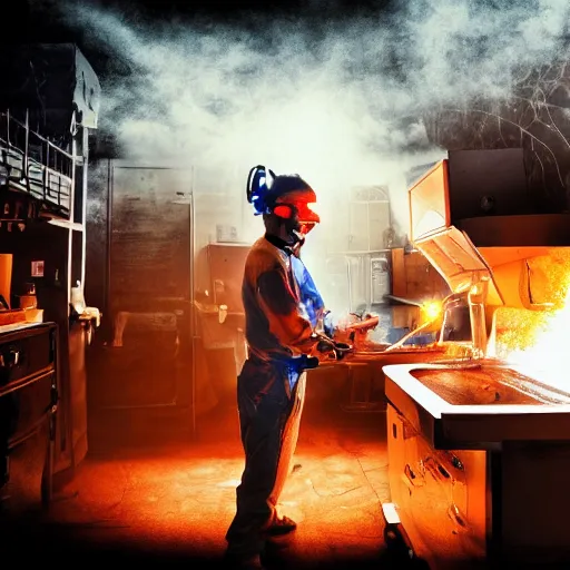 Image similar to cyborg toaster oven repairman, dark messy smoke - filled cluttered workshop, dark, dramatic lighting, orange tint, sparks, plasma rays, cinematic, highly detailed, sci - fi, futuristic, movie still, rule of thirds composition