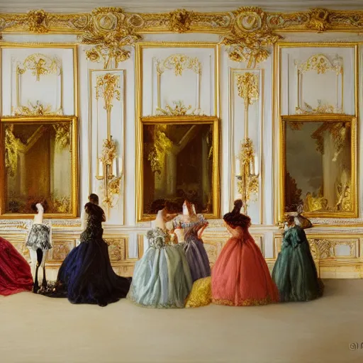 Image similar to fine art, oil on canvas. six women in the mirrors room in the palace of versailles in france wearing fine clothes, no faces visibles. dark room with light coming through the right side. baroque style 1 6 5 6. high quality realistic recreation of illumination shadows and colors, no distortion on subject faces.