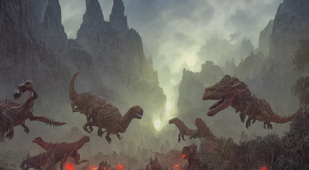 Image similar to technicolor dinosaurs, glowing with magic, surrounded by slate grey walls, matte painting, fantasy art, concept art, greg rutkowski, james gurney, johannes voss, hasui kawase.