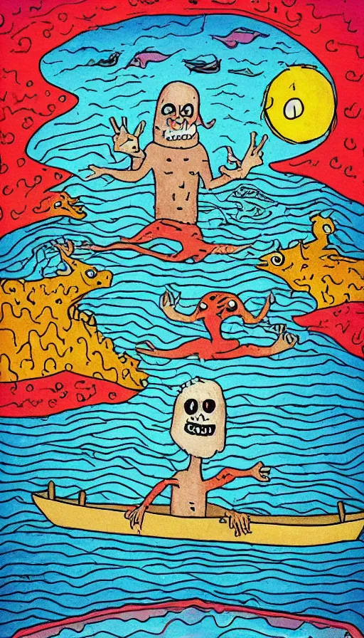 Image similar to man on boat crossing a body of water in hell with creatures in the water, sea of souls, by allie brosh