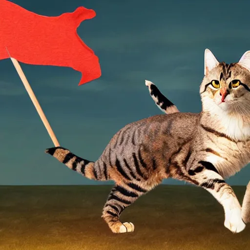 Image similar to a small warrior cat carrying his battle flag while riding a large cat steed that is galloping into battle