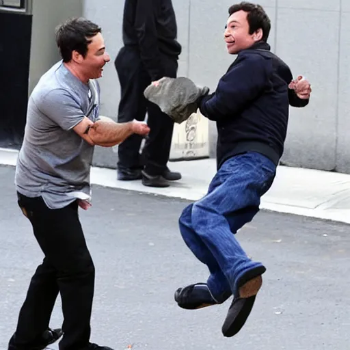 Prompt: paparazzi photo of Jimmy Fallon kicking a homeless person