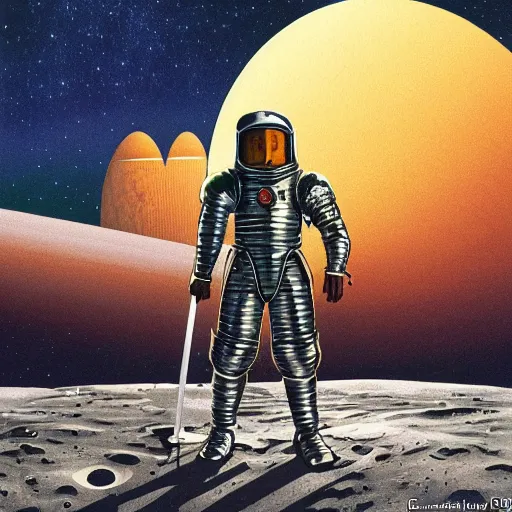 Image similar to a crusader knight in middle age armor on the moon in the style of no man's sky, styles : cloisonnism, syd mead, moebius