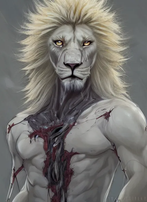 Image similar to award winning beautiful portrait commission of a male furry anthro albino lion wearing a burnt and torn tuxedo outfit with scarred face and scratches on his muscular belly with beautiful hyperdetailed face. Character design by charlie bowater, ross tran, and makoto shinkai, detailed, inked, western comic book art