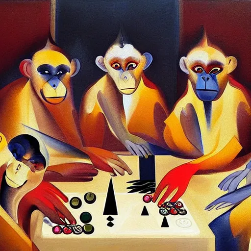 Prompt: by constantin joffe kaleidoscopic, random. a beautiful painting of a group of monkeys playing backgammon. the monkeys are seated around a table, with some of them appearing to be deep in concentration while others appear to be playing more casually.