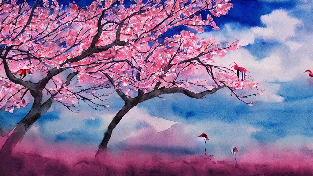 Prompt: watercolor landscape, cherry blossoms, sky, clouds, flamingos, high key lighting,