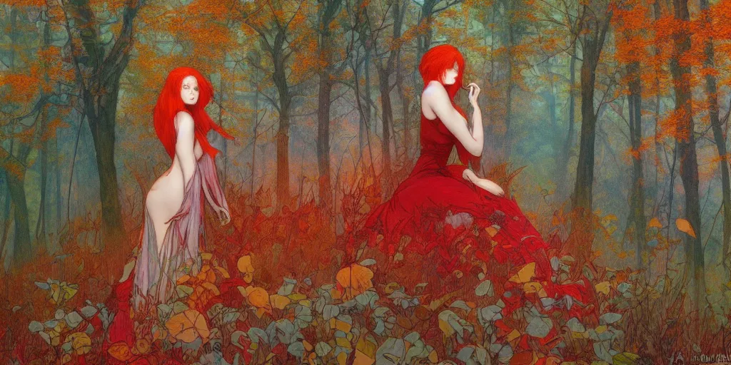 Image similar to a beautiful illustration of a red head female in a forest, autumn, cinematic composition, mist, style of yoshitaka amano and alfons mucha