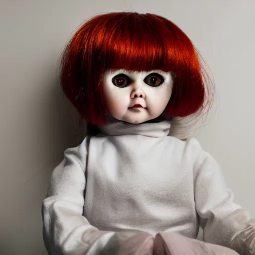 Image similar to creepy doll sitting on shelf, staring at camera, 8 k, photorealistic, dark