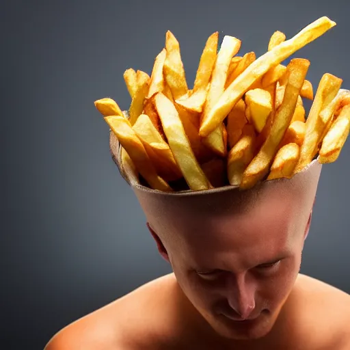 Image similar to a man with french fries as hair, 8 k, 4 k, professional photography, award winning photo