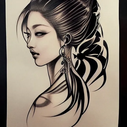 Image similar to tattoo design, stencil, traditional Japanese, beautiful portrait of a girl by artgerm, artgerm