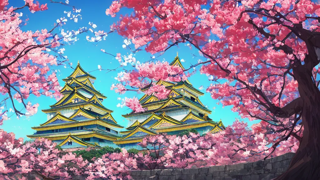 Prompt: landscape of osaka castle,sakura flower, rich vivid colors, ambient lighting, dynamic lighting, official media, anime key visual, makoto shinkai, ilya kuvshinov, lois van baarle, rossdraws, detailed, trending on artstation.