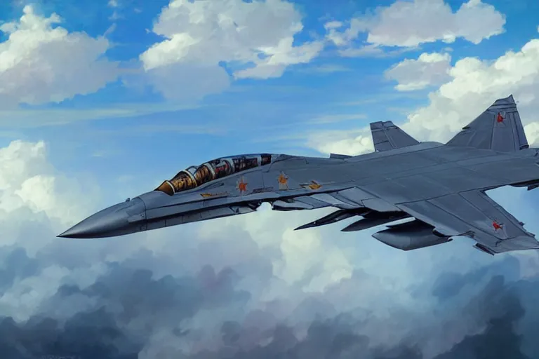 Image similar to Mikoyan MiG-29 flying in the sky, blue sky, white clouds, highly detailed, digital painting, artstation, concept art, sharp focus, illustration, art by artgerm and greg rutkowski and alphonse mucha