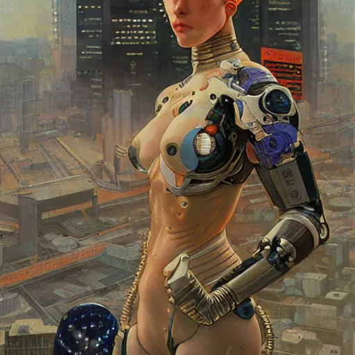 Prompt: cyborg woman in tokyo,, by Edgar Maxence and Ross Tran and Michael Whelan and Gustav Klimpt