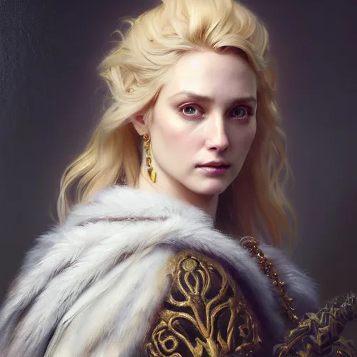 Image similar to portrait painting of a beautiful and regal blonde lady wearing a feathered cloak and noble garments, ultra realistic, concept art, intricate details, eerie, highly detailed, photorealistic, octane render, 8 k, unreal engine. art by artgerm and greg rutkowski and charlie bowater and magali villeneuve and alphonse mucha